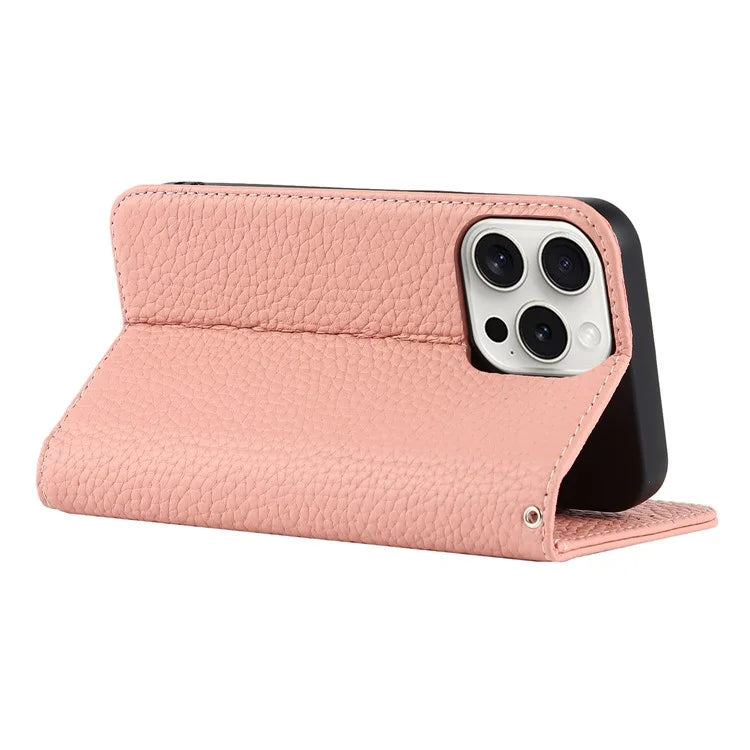 For iPhone 15 Pro Case Genuine Cow Leather Litchi Texture Phone Shell Wallet Cover