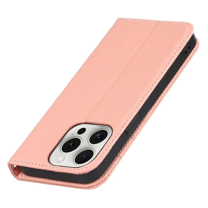 For iPhone 15 Pro Case Genuine Cow Leather Litchi Texture Phone Shell Wallet Cover