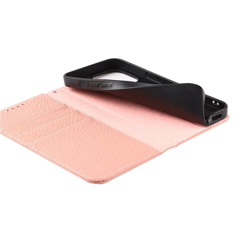 For iPhone 15 Pro Case Genuine Cow Leather Litchi Texture Phone Shell Wallet Cover