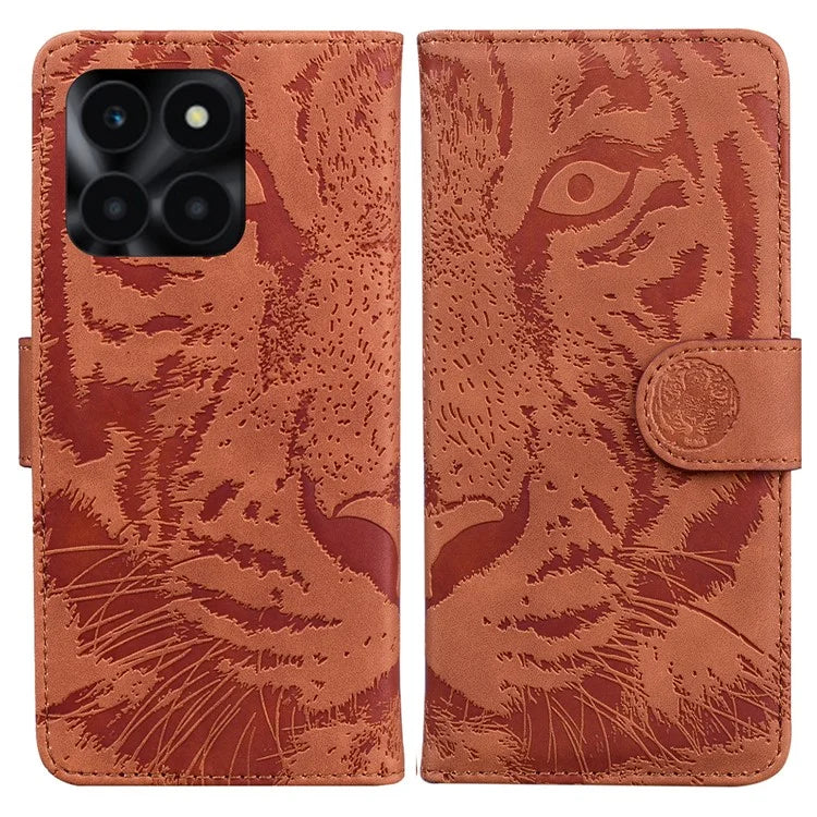 For Honor X6a 4G Case Wallet Phone Cover with Imprinted Tiger Pattern