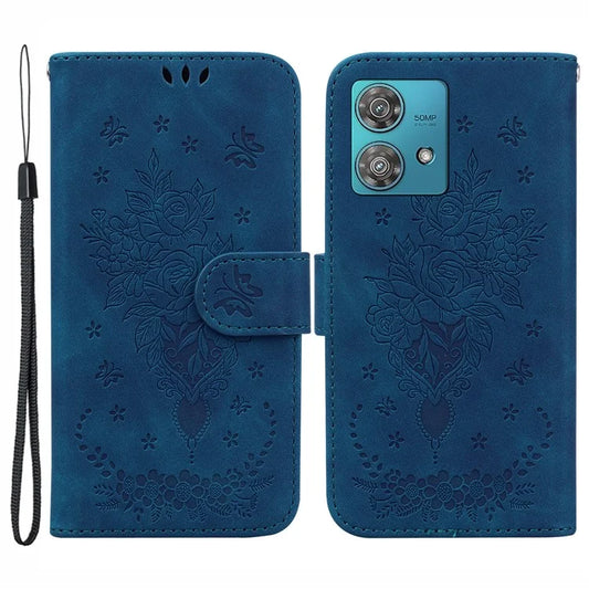 For Motorola Edge 40 Neo 5G Case PU Leather Wallet Rose Butterfly Imprint Phone Cover