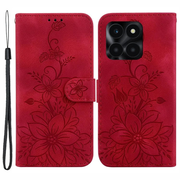 For Honor X6a 4G Leather Case Lily Flower Pattern Phone Cover with Stand Wallet