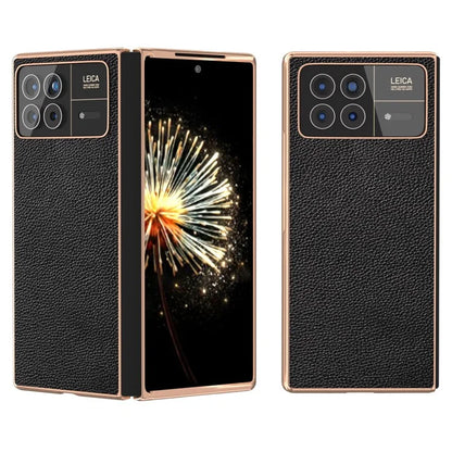 For Xiaomi Mix Fold 3 5G Case Anti-Drop Genuine Cow Leather + PC Electroplating Phone Cover