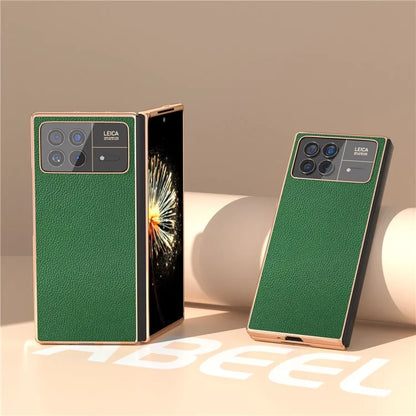 For Xiaomi Mix Fold 3 5G Case Anti-Drop Genuine Cow Leather + PC Electroplating Phone Cover