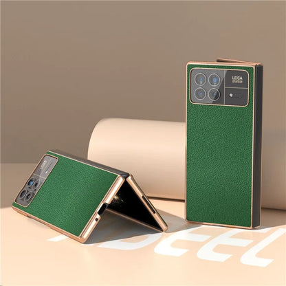 For Xiaomi Mix Fold 3 5G Case Anti-Drop Genuine Cow Leather + PC Electroplating Phone Cover