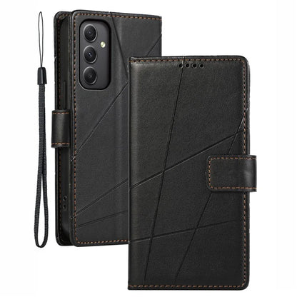 DF-06 For Samsung Galaxy M34 5G / F34 5G Case Lines Imprinted PU Leather Phone Cover with Wrist Strap