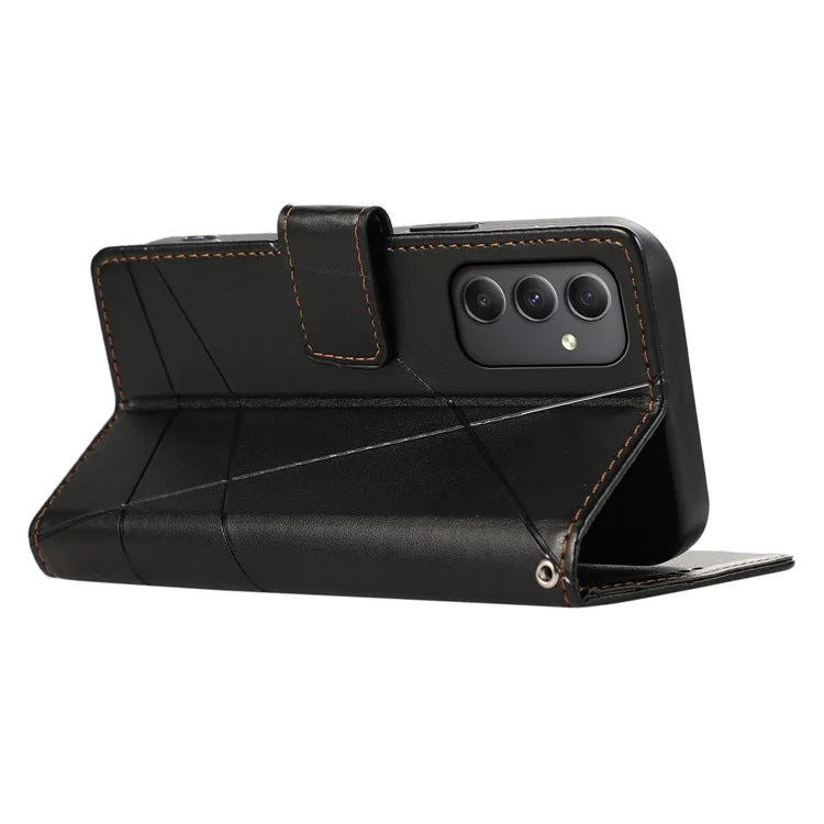 DF-06 For Samsung Galaxy M34 5G / F34 5G Case Lines Imprinted PU Leather Phone Cover with Wrist Strap
