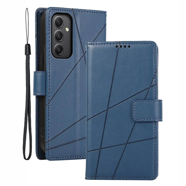 DF-06 For Samsung Galaxy M34 5G / F34 5G Case Lines Imprinted PU Leather Phone Cover with Wrist Strap