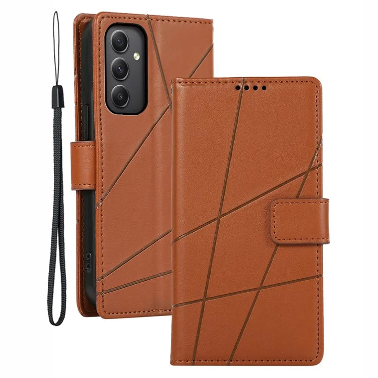 DF-06 For Samsung Galaxy M34 5G / F34 5G Case Lines Imprinted PU Leather Phone Cover with Wrist Strap