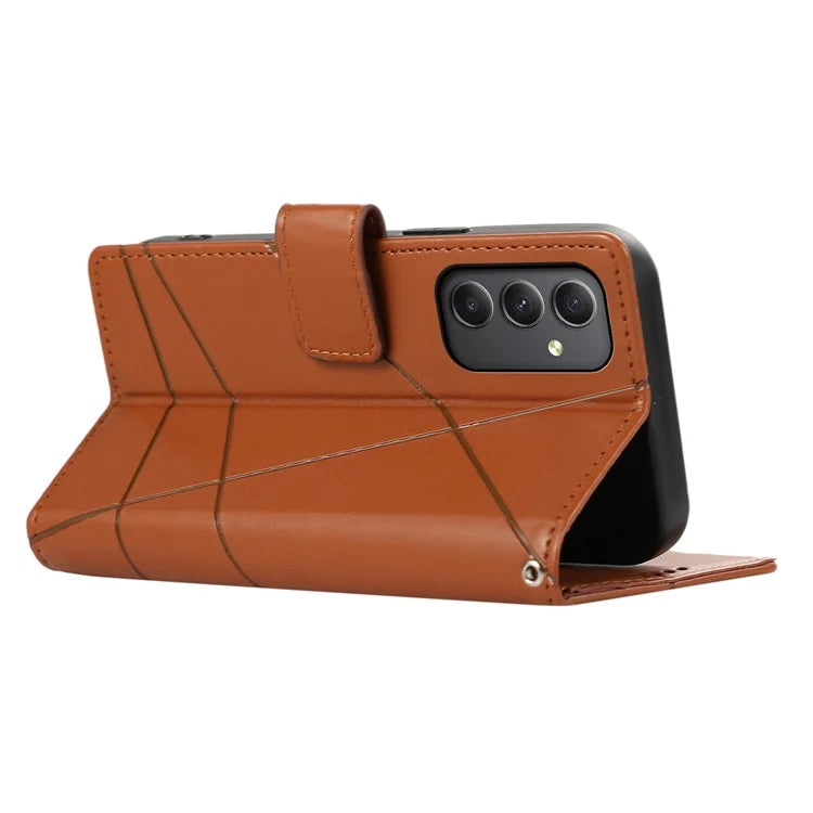 DF-06 For Samsung Galaxy M34 5G / F34 5G Case Lines Imprinted PU Leather Phone Cover with Wrist Strap