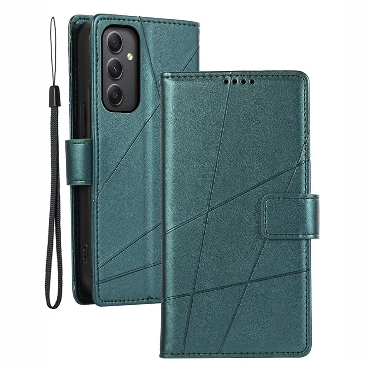 DF-06 For Samsung Galaxy M34 5G / F34 5G Case Lines Imprinted PU Leather Phone Cover with Wrist Strap