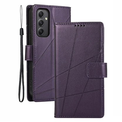 DF-06 For Samsung Galaxy M34 5G / F34 5G Case Lines Imprinted PU Leather Phone Cover with Wrist Strap