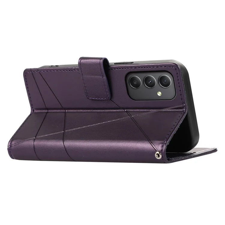 DF-06 For Samsung Galaxy M34 5G / F34 5G Case Lines Imprinted PU Leather Phone Cover with Wrist Strap