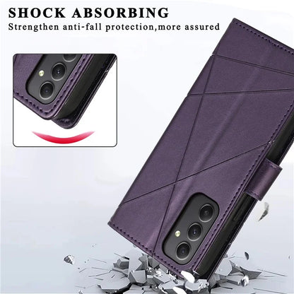 DF-06 For Samsung Galaxy M34 5G / F34 5G Case Lines Imprinted PU Leather Phone Cover with Wrist Strap
