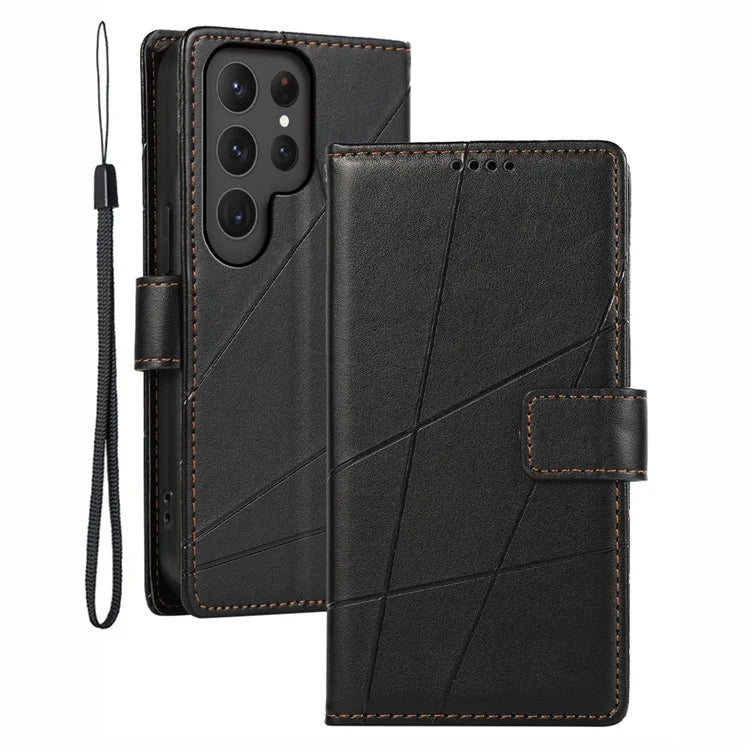 DF-06 For Samsung Galaxy S23 Ultra Case Lines Imprinted PU Leather Foldable Stand Phone Cover