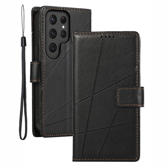DF-06 For Samsung Galaxy S23 Ultra Case Lines Imprinted PU Leather Foldable Stand Phone Cover