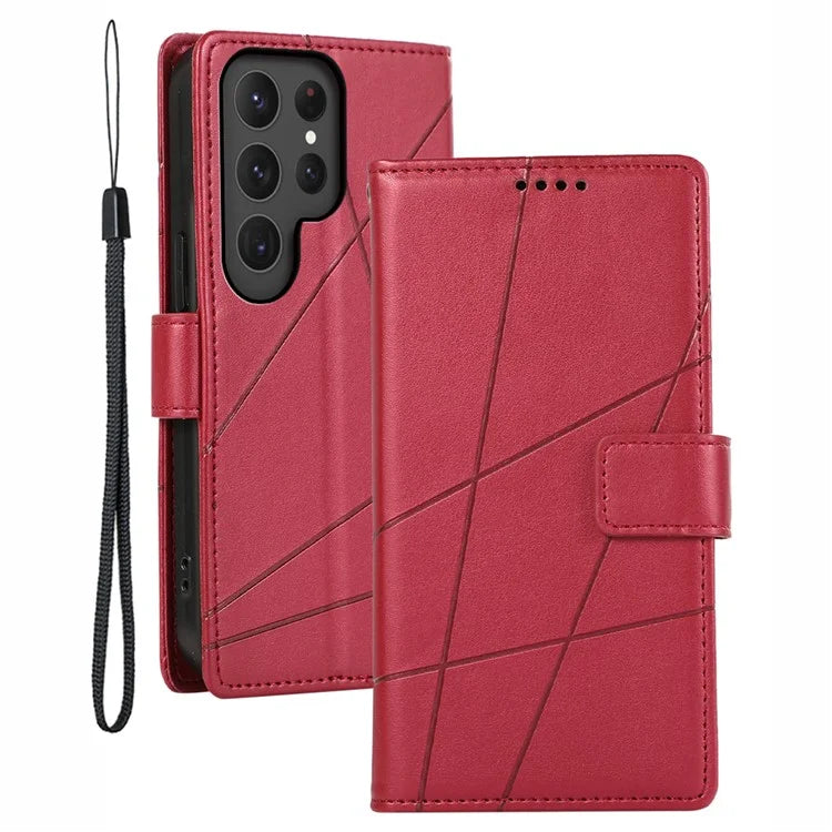 DF-06 For Samsung Galaxy S23 Ultra Case Lines Imprinted PU Leather Foldable Stand Phone Cover