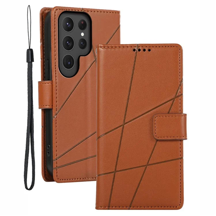 DF-06 For Samsung Galaxy S23 Ultra Case Lines Imprinted PU Leather Foldable Stand Phone Cover