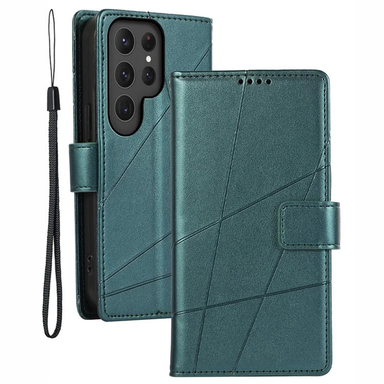 DF-06 For Samsung Galaxy S23 Ultra Case Lines Imprinted PU Leather Foldable Stand Phone Cover