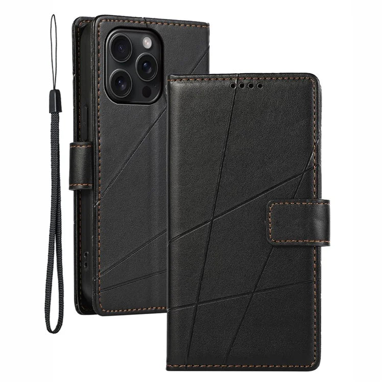 DF-06 For iPhone 15 Pro Case Lines Imprinted Cell Phone Leather Cover