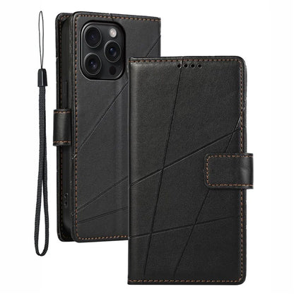 DF-06 For iPhone 15 Pro Case Lines Imprinted Cell Phone Leather Cover