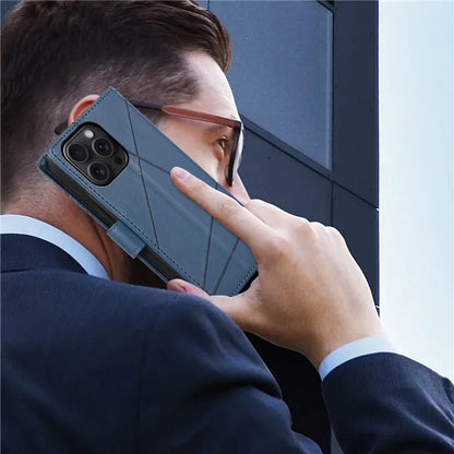 DF-06 For iPhone 15 Pro Case Lines Imprinted Cell Phone Leather Cover