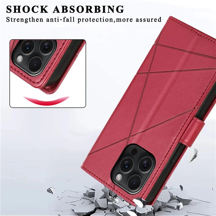 DF-06 For iPhone 15 Pro Case Lines Imprinted Cell Phone Leather Cover