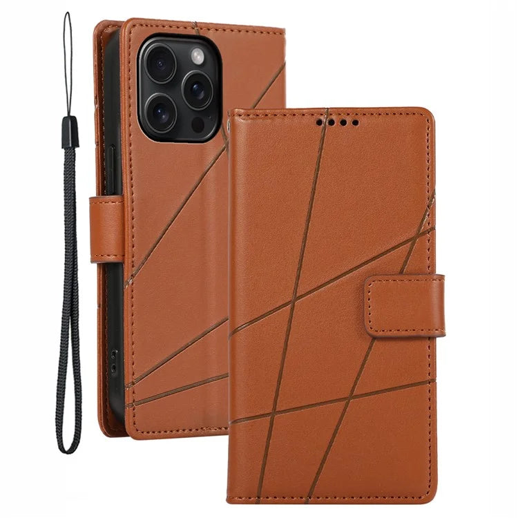 DF-06 For iPhone 15 Pro Case Lines Imprinted Cell Phone Leather Cover