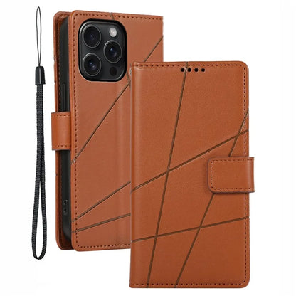 DF-06 For iPhone 15 Pro Case Lines Imprinted Cell Phone Leather Cover