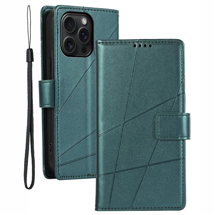 DF-06 For iPhone 15 Pro Case Lines Imprinted Cell Phone Leather Cover