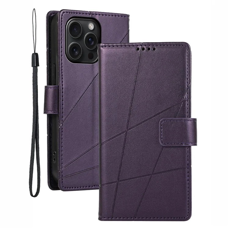 DF-06 For iPhone 15 Pro Case Lines Imprinted Cell Phone Leather Cover