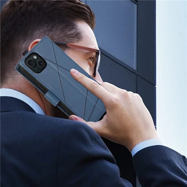 DF-06 For iPhone 15 Case Anti-scratch Lines Imprinted PU Leather Phone Cover