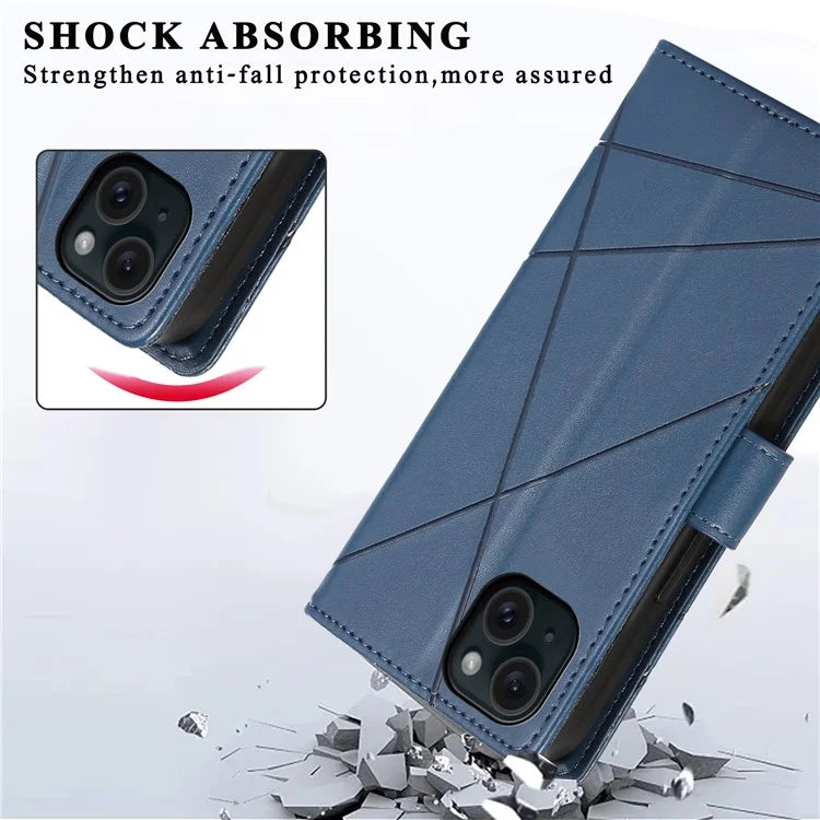 DF-06 For iPhone 15 Case Anti-scratch Lines Imprinted PU Leather Phone Cover