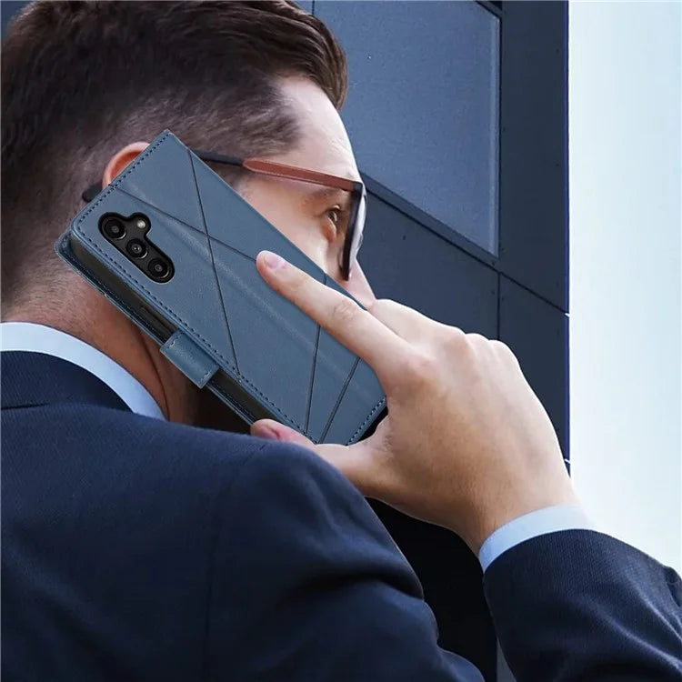 DF-06 For Samsung Galaxy A14 5G / A14 4G Case Magnetic Clasp Lines Imprinted Leather Phone Cover