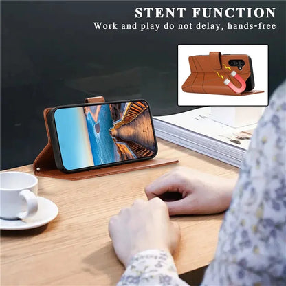 DF-06 For Samsung Galaxy A14 5G / A14 4G Case Magnetic Clasp Lines Imprinted Leather Phone Cover