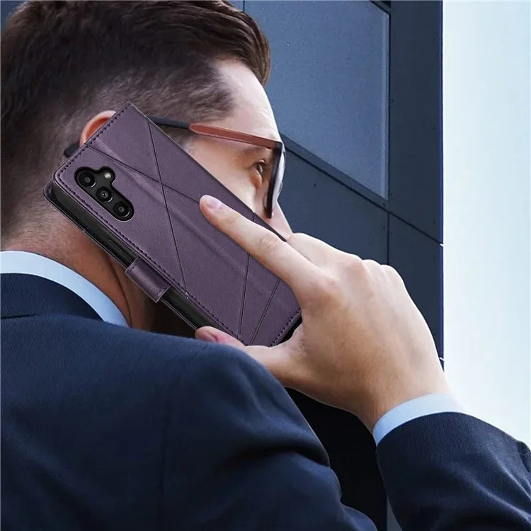 DF-06 For Samsung Galaxy A14 5G / A14 4G Case Magnetic Clasp Lines Imprinted Leather Phone Cover