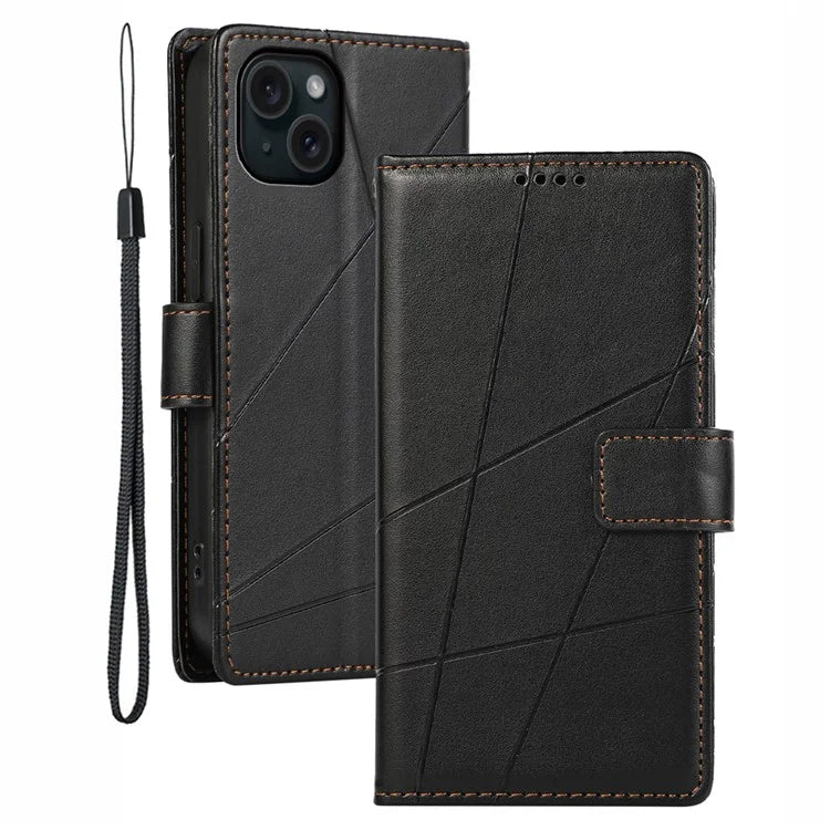 DF-06 For iPhone 15 Plus Case Well-protected Lines Imprinted Leather Phone Cover