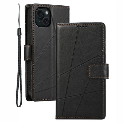DF-06 For iPhone 15 Plus Case Well-protected Lines Imprinted Leather Phone Cover
