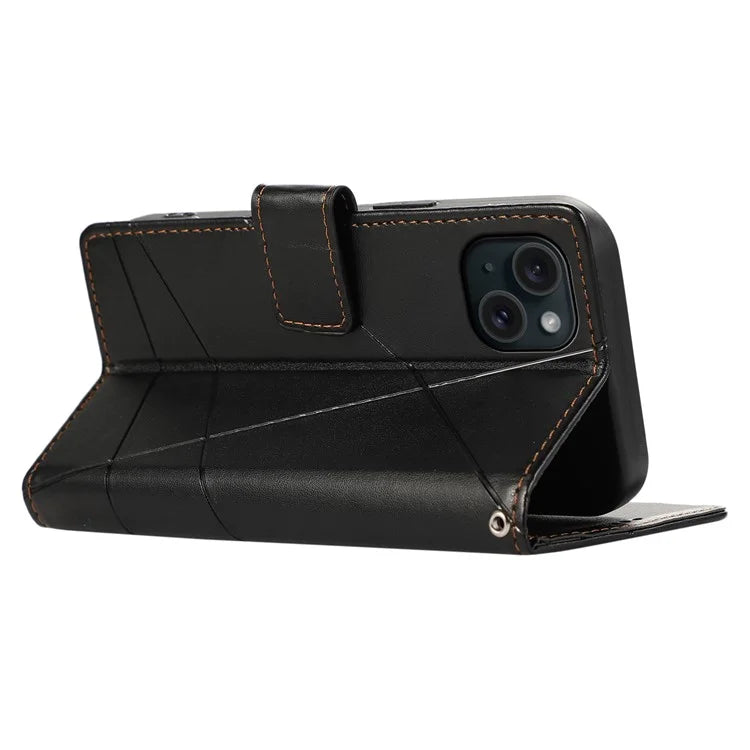DF-06 For iPhone 15 Plus Case Well-protected Lines Imprinted Leather Phone Cover