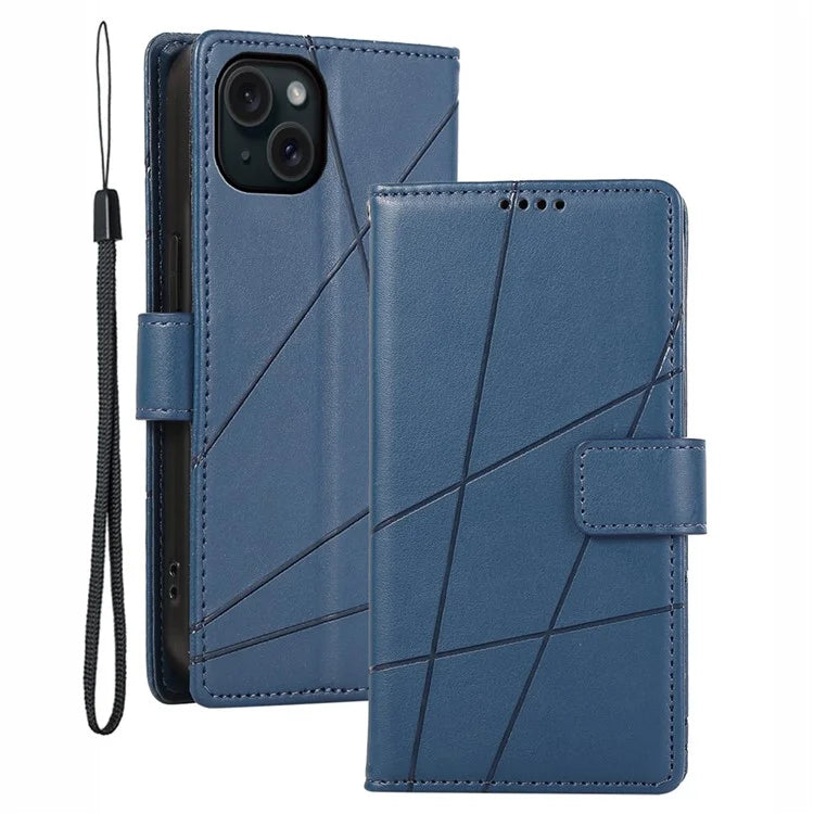 DF-06 For iPhone 15 Plus Case Well-protected Lines Imprinted Leather Phone Cover