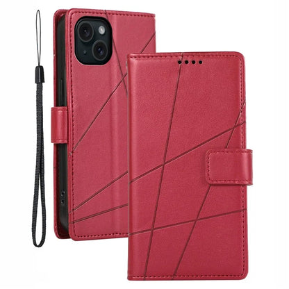 DF-06 For iPhone 15 Plus Case Well-protected Lines Imprinted Leather Phone Cover