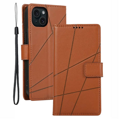 DF-06 For iPhone 15 Plus Case Well-protected Lines Imprinted Leather Phone Cover