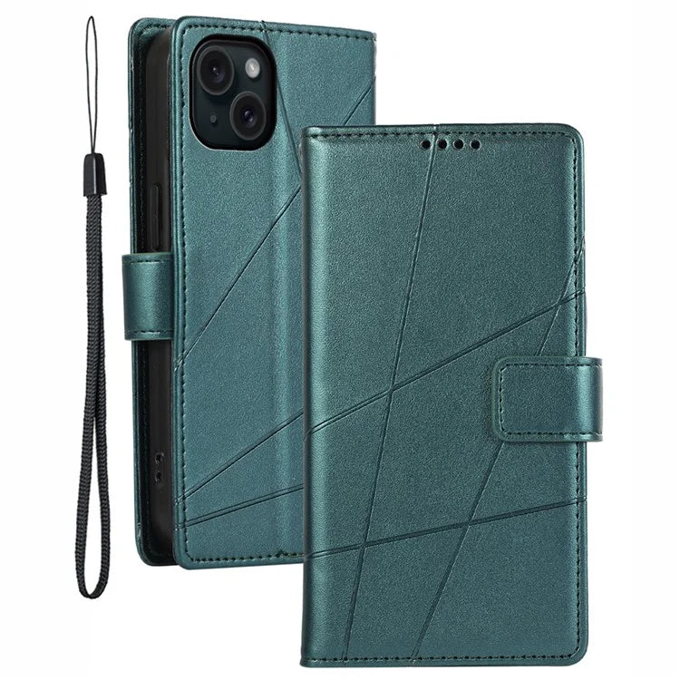DF-06 For iPhone 15 Plus Case Well-protected Lines Imprinted Leather Phone Cover