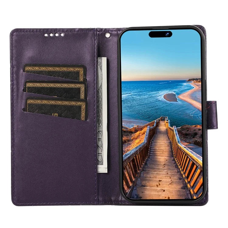DF-06 For iPhone 15 Plus Case Well-protected Lines Imprinted Leather Phone Cover