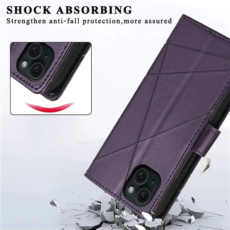 DF-06 For iPhone 15 Plus Case Well-protected Lines Imprinted Leather Phone Cover
