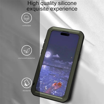 LOVE MEI For iPhone 15 Pro Max Case Tempered Glass Film Metal+Silicone Cover