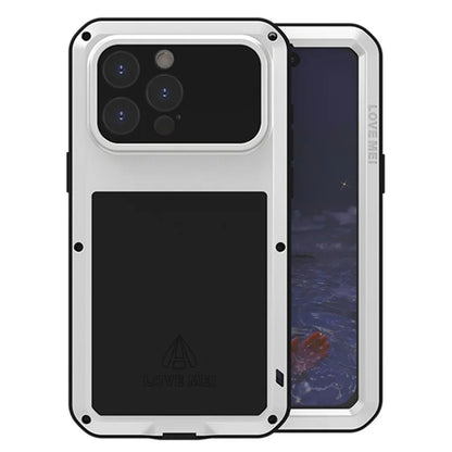 LOVE MEI For iPhone 15 Pro Max Case Tempered Glass Film Metal+Silicone Cover