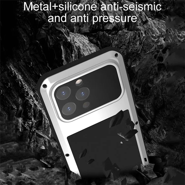 LOVE MEI For iPhone 15 Pro Max Case Tempered Glass Film Metal+Silicone Cover