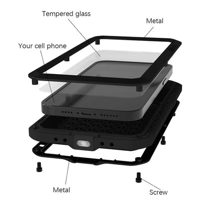 LOVE MEI For iPhone 15 Pro Max Case Tempered Glass Film Metal+Silicone Cover