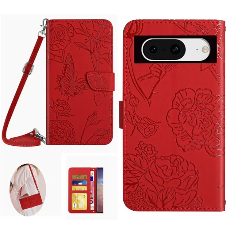 HT03 For Google Pixel 8a Case Imprinted PU Leather Mobile Phone Cover with Long Strap